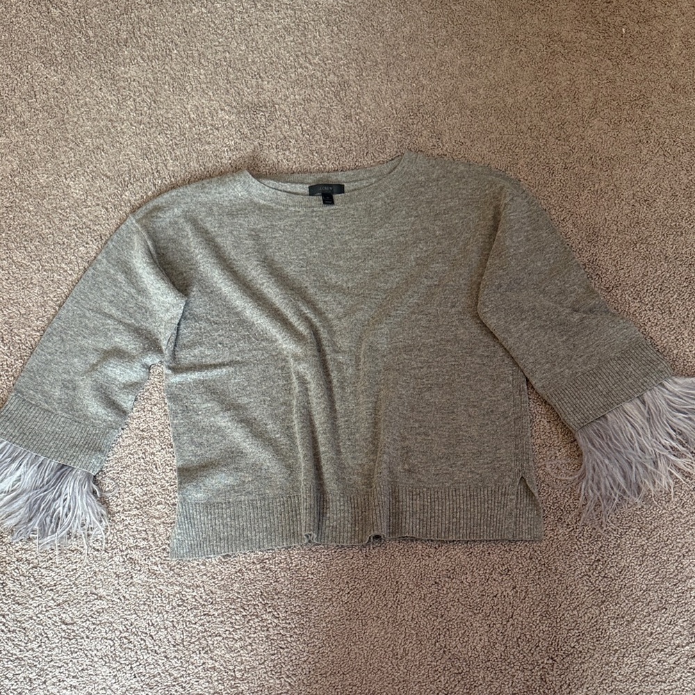 Gray Sweater with Feathered Sleeves